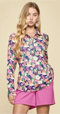 DEAR SCARLETT MARINA Women's Large Quarter Zip Sweet Escape Floral Pattern
